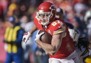 Dec. 28, 2014; Kansas City, MO; Chiefs tight end Travis Kelce (87) against the San Diego Chargers during the first half at Arrowhead Stadium. (AP Photo/Reed Hoffmann)