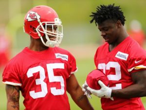 June 2, 2015; Kansas City, MO; Chiefs running backs Charcandrick West (35) and Cyrus Gray (32) on Day Four of OTAs. Photo used with permission from Chiefs PR. Credit: KCChiefs.com