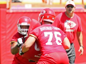 June 9, 2015; Kansas City, MO; Chiefs OL Laurent Duvernay-Tardif (76) during position drills on Day 7 of OTAs at the team's training facility. Photo used with permission from Chiefs PR. Credit: KCChiefs.com