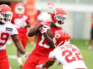 June 16, 2015; Kansas City, MO; Chiefs WR Jeremy Maclin (19) makes a catch between rookie CB Marcus Peters (22) and safety Husain Abdullah (39) on Day One of minicamp at the team's training facility. Photo used with permission by Chiefs PR. Credit: KCChiefs.com