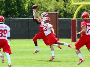 May 27, 2015; Kansas City, MO; Chiefs CB Phillip Gaines (23) breaks up a pass on Day 2 of OTAs at the team's training facility. Photo used with permission from Chiefs PR. Credit: KCChiefs.com