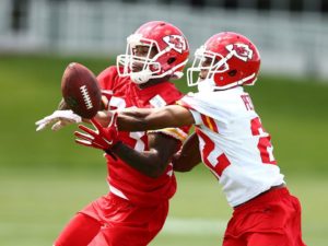 May 16, 2015; Kansas City, MO; Chiefs rookie cornerback Marcus Peters (22) breaks up a pass intended for wide receiver Fred Williams (83) on Day One of rookie minicamp. Photo used with permission from Chiefs PR. Credit: KCChiefs.com