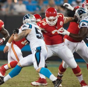 Aug. 17, 2014; Charlotte, NC; Chiefs offensive lineman Laurent Duvernay-Tardif (76) blocks during a preseason game against the Carolina Panthers at Bank of America Stadium. Credit: Jeremy Brevard-USA TODAY Sports