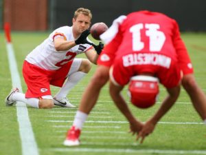 June 2, 2015; Kansas City, MO; Chiefs long snapper James Winchester (41) working with punter Dustin Colquitt (2) on Day Four of OTAs. Photo used with permission from Chiefs PR. Credit: KCChiefs.com