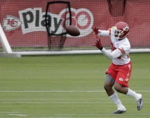 July 29, 2015; St. Joseph, MO; Chiefs strong safety Eric Berry (29) participates in a drill during training camp practice.  (AP Photo/Charlie Riedel)