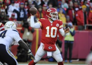 Kansas City Chiefs quarterback Chase Daniel (10) throws during the second half against the San Diego Chargers in Kansas City, Mo., Sunday, Dec. 28, 2014. (AP Photo/Ed Zurga)