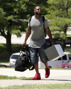 July 31, 2015; St. Joseph, MO; Chiefs inside linebacker Derrick Johnson arrives for training camp. (AP Photo/Charlie Riedel)