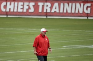 July 29, 2015; St. Joseph, MO; Chiefs coach Andy Reid watches drills during Wednesday's training camp practice. (AP Photo/Charlie Riedel)