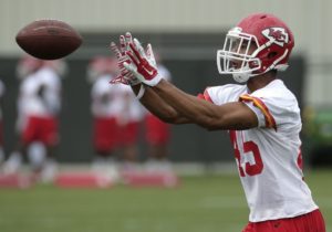 Kansas City Chiefs rookie cornerback Justin Cox participates in a drill during an organized team activity on May 28, 2015 at the team's training facility. (AP Photo/Charlie Riedel)