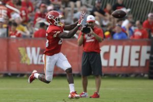 Aug. 9, 2015; St. Joseph, MO; Chiefs wide receiver Frankie Hammond (85) catches passes during a training camp drill at Missouri Western State University. (AP Photo/Orlin Wagner)
