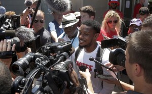 July 31, 2015; St. Joseph, MO; Chiefs running back LaVance Taylor talks to the media at training camp. (AP Photo/Charlie Riedel)