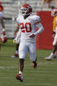 Aug. 4, 2015; St. Joseph, MO: Chiefs cornerback Steven Nelson (20) on the field going through drills during training camp. (AP Photo/Orlin Wagner)