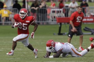 Aug. 4, 2015; St. Joseph, MO; Chiefs running back Charcandrick West (35) darts by defensive tackle Jaye Howard (96) during training camp practice. (AP Photo/Orlin Wagner)
