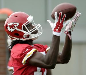 June 4, 2015; Kansas City, MO; Chiefs wide receiver Chris Conley during drills at organized team activity at the team's training facility. (AP Photo/Charlie Riedel)