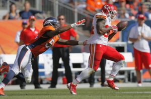 Sept. 14, 2014; Denver; Chiefs tight end Demetrius Harris (84) against the Denver Broncos at Sports Authority Field at Mile High. (AP Photo/Jack Dempsey)