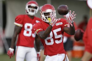 Aug. 3, 2015; St. Joseph, MO; Chiefs wide receiver Frankie Hammond Jr. (85) catches a pass during training camp drills while Fred Williams (83) observes. (AP Photo/Orlin Wagner)