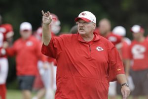Aug. 9, 2015; St. Joseph, MO; Chiefs head coach Andy Reid directs the action during a training camp practice. (AP Photo/Orlin Wagner)