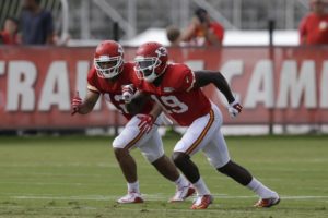 Aug. 9, 2015; St. Joseph, MO; Chiefs wide receivers Jeremy Maclin (19) and Albert Wilson (12)  during drills at training camp. (AP Photo/Orlin Wagner)