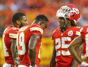 Aug. 21, 2015; Kansas City, MO; Chiefs running back Jamaal Charles (25), wide receiver Jeremy Maclin (19) and running back Knile Davis (34) before the preseason game against the Seattle Seahawks at Arrowhead Stadium. (Chris Neal/The Topeka Capital-Journal)