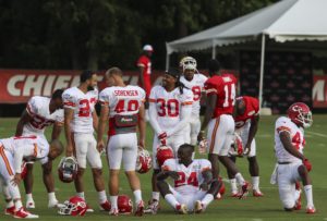 Aug. 3, 2015; St. Joseph, MO: Chiefs defensive backs gather to stretch before training camp practice at Missouri Western State University. (Emily DeShazer/The Topeka Capital-Journal)