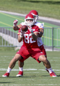 Aug. 2, 2015; St. Joseph, MO; Chiefs tight end Ryan Taylor (82) catches a pass in front of linebacker Josh Mauga during a training camp drill at Missouri Western State University. (Emily DeShazer/The Topeka Capital-Journal)