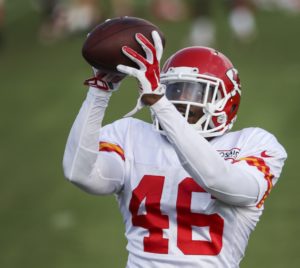 Aug. 2, 2015; St. Joseph, MO; Chiefs defensive back Kevin Short catches a ball during a drill at training camp. (Emily DeShazer/The Topeka Capital-Journal)