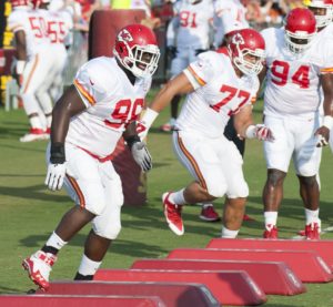 Aug. 3, 2015; St. Joseph, MO: Chiefs defensive linemen Jaye Howard (94), Mike Catapano (77) and Vaughn Martin (94) participate in drills at training camp. (Emily DeShazer/The Topeka Capital-Journal)