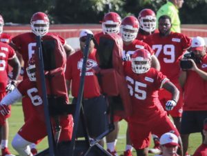 Aug. 2, 2015; St. Joseph, MO; Chiefs offensive linemen go through drills during training camp practice at Missouri Western State University. (Emily DeShazer/The Topeka-Capital Journal)