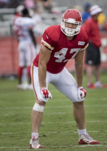 Aug. 18, 2015; St. Joseph, MO; Chiefs tight end Adam Schiltz lines up for a training camp drill at Missouri Western State University. (Emily DeShazer/The Topeka Capital-Journal)