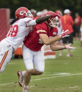 Aug. 18, 2015; St. Joseph, MO: Chiefs tight end Adam Schiltz (47) prepares to make a catch as safety Ron Parker (38) defends during a training camp drill at Missouri Western State University. (Emily DeShazer/The Topeka Capital-Journal)