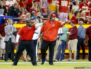 Sept. 17, 2015; Kansas City, MO: Chiefs coach Andy Reid (right) and running back coach Eric Bieniemy (left) on the sidelines in Week 2 at Arrowhead Stadium. (Chris Neal/The Topeka Capital-Journal)