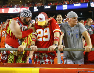 Sept. 17, 2015; Kansas City, MO; Chiefs fans react to the Denver Broncos' game-winning touchdown at Arrowhead Stadium. (Chris Neal/The Topeka Capital-Journal)
