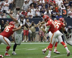 Sept. 13; 2015; Houston; Chiefs right guard Laurent Duvernay-Tardif (76) and right tackle Jah Reid (75) block as quarterback Alex Smith (11) passes against the Texans at NRG Stadium. (AP Photo/David J. Phillip)