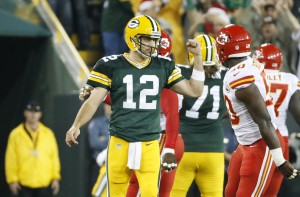 Sept. 28, 2015; Green Bay, WI; Packers quarterback Aaron Rodgers celibates a touchdown during the first half against the Chiefs at Lambeau Field. (AP Photo/Mike Roemer)