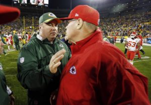 Sept. 28, 2015; Green Bay, WI; Packers coach Mike McCarthy talks to Chiefs coach Andy Reid after the game won by the Packers, 38-28, at Lambeau Field. (AP Photo/Matt Ludtke)