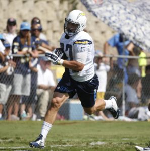 July 30, 2015; San Diego; Chargers rookie tight end Brian Parker during drills at opening day of training camp at Chargers' Park. (AP Photo/Lenny Ignelzi)