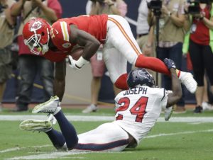 Sept. 13, 2015; Houston; Chiefs wide receiver Jeremy Maclin (19) makes a catch as Texans cornerback Johnathan Joseph (24) defends at NRG Stadium. (AP Photo/David J. Phillip)