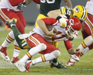 Sept. 28, 2015; Green Bay, WI; Packers LB Clay Matthews sacks Chiefs quarterback Alex Smith during the second half at Lambeau Field. (AP Photo/Matt Ludtke)
