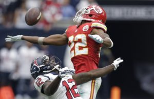 Sept. 13, 2015; Houston; Chiefs rookie cornerback Marcus Peters (22) breaks up a pass intended for Houston Texans wide receiver Keith Mumphery (12) at NRG Stadium. (AP Photo/Patric Schneider)