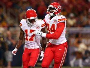 Sept. 3, 2015; St. Louis; Chiefs tight end Demetrius Harris (84) with rookie wide receiver Chris Conley (17) during the preseason finale against the St. Louis Rams at the Edward Jones Dome. Photo used with permission from Chiefs PR. (Credit: KCChiefs.com)