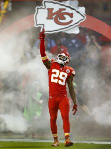 Sept. 17, 2015; Kansas City, MO: Chiefs safety Eric Berry points to the sky as he enters the field prior to Thursday night's home opener against the Denver Broncos. (Chris Neal/The Topeka Capital-Journal)