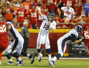 Sept. 18, 2015; Kansas City, MO; Denver Broncos quarterback Peyton Manning (18) passes against the Chiefs at Arrowhead Stadium. (Chris Neal/The Topeka Capital-Journal)