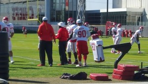 Oct. 14, 2015; Kansas City, MO; Chiefs linebacker Josh Mauga (90) observes teammates during practice at the team's training facility. (Credit: Teope)