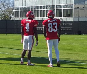 Oct. 28, 2015; Kansas City, MO; Chiefs wide receivers Fred Williams (83) and rookie Da'Ron Brown (4) wait their turn during returner drills at the team's training facility. (Credit: Teope)