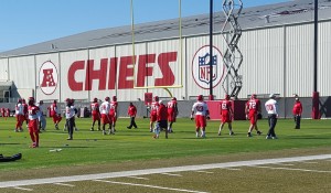 Oct. 29, 2015; Kansas City, MO; Chiefs players warmup for the final practice at the team's training facility before boarding a plane for London. (Credit: Teope)
