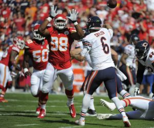 Oct. 11, 2015; Kansas City, MO; Chiefs defensive lineman Nick Williams (98) applies pressure on Chicago Bears quarterback Jay Cutler (6) at Arrowhead Stadium. (AP Photo/Ed Zurga)