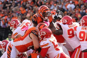 Oct. 4, 2015; Cincinnati; Bengals running back Jeremy Hill (32) scores a touchdown against the Chiefs at Paul Brown Stadium. (AP Photo/Gary Landers)