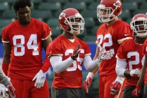Oct. 30, 2015; London; Chiefs running back Charcandrick West (35) and teammates takes part in a practice at the Allianz Park rugby stadium. (AP Photo/Matt Dunham)