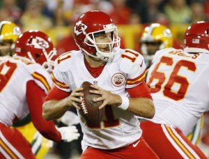Sept. 28, 2015; Green Bay, WI; Chiefs quarterback Alex Smith (11) drops back to pass during the first half against the Packers at Lambeau Field. (AP Photo/Mike Roemer)