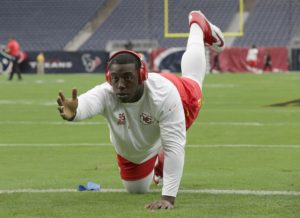 Sept. 13, 2015; Houston; Chiefs rookie defensive lineman Rakeem Nunez-Roches warming up on the field before Week 1's game against the Texans at NRG Stadium. (AP Photo/David J. Phillip)